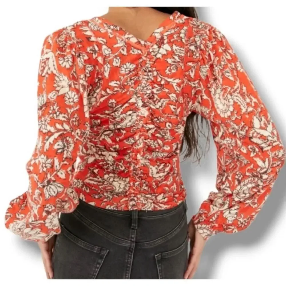 Free People Say The Word Orange Ruby Red Bohemian Peasant Floral Blouse Size Sma